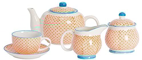 Nicola Spring 15pc Tea Set - Orange - 6-Person Dining Set Hand Printed Floral Pattern Teapot Teacups & Saucers Sugar Storage Pot and Milk Jug for Breakfast, Lunch, Tea Parties