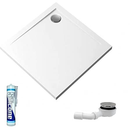 ECOLAM® flache Duschwanne Duschtasse Brausewanne Geos Polimat Viereck Quadrat 80x80 x 4,5 cm/Tiefe 1,5 cm flach weiß + Siphon Alcaplast + Silikon