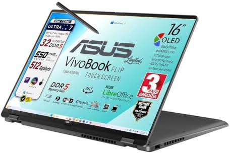 ASUS Vivobook 16 Flip OLED Touch 16, Ultra 7 258V, 32 Gb, Ready to use | Intel AI Boost NPU, Ram 32GB DDR5 8533MHz, Display OLED Touch screen, SSD 512GB, Win11, Tastiera Retroilluminata + Stylus Pen