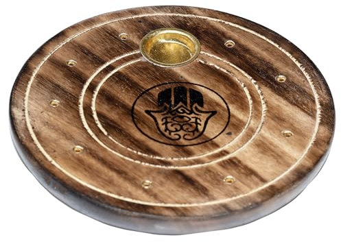 Puckator Porte Attrape-Cendre Bois de Manguier pour Cônes et Bâtons d'Encens-La Khamsa Main de Fatma encens, Multicolore, Unique