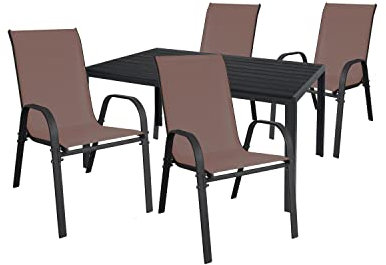 Mojawo Hochwertige Gartengarnitur 5-teilig Gartentisch 150x90cm Anthrazit Aluminium Kunstholz Schwarz + 4 Stapelstühle Stahl Textilen Braun