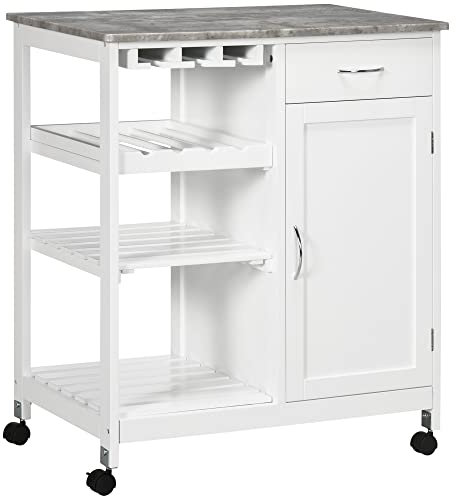 HOMCOM Compact Kitchen Trolley Utility Cart on Wheels with Wine Rack, Drawer, Open Shelf and Storage Cabinet for Dining Room, White