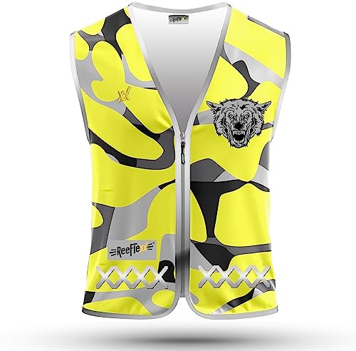 REEFLEXX Herren-Fahrradweste - Stylische Warnweste mit auffälligen Farben/Mustern und starken Reflektoren - Erhöhte Sichtbarkeit im Straßenverkehr. Yellow Camou Wolf, Größe XL/XXL