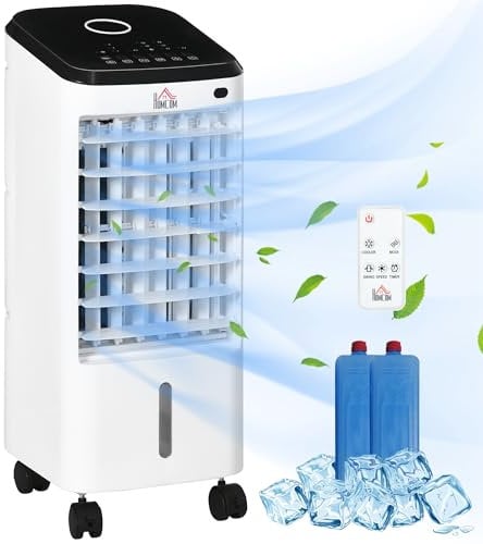 HOMCOM Climatizador Evaporativo Bajo Consumo 3,5L 3 en 1 Humidificador Ventilador 65W Pantalla LED Control Remoto Temporizador Oscilación 3 Velocidades 3 Modos 24,5x27x60 cm Blanco
