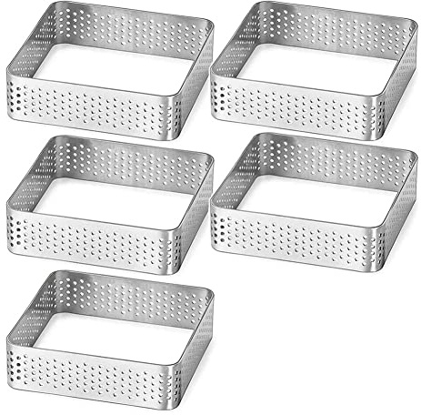 Mautacly Perforated Tart Ring Stainless Steel Tartlet Square Shape Mould Cake French Baking Tool, 5 Pack, Silver