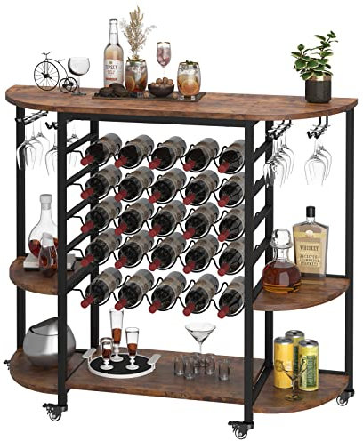 Dripex Mobile Bar Cantinetta Da Terra, Portabottiglie per 25 Bottiglie, Scaffale per Bottiglie con supporto in vetro, tavolo e 2 Ripiani Laterali, per Cucina, Bar, Sala da Pranzo,119 x 40 x 101 cm
