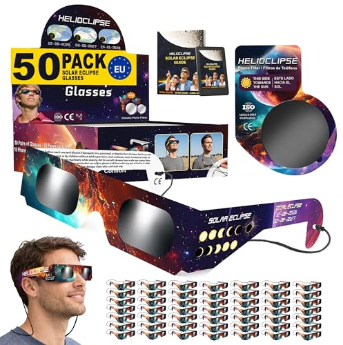 Helioclipse 50 Pack Solar Eclipse Glasses 2026 - Trusted for Direct Solar Eclipse Viewing - Iso 12312-2 & Ce Certified - Bonus 10x Phone Filter