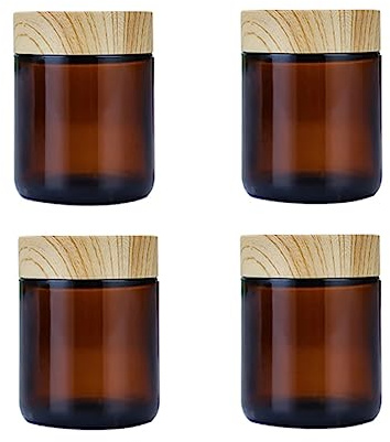 Lot de 4 pots à crème vides rechargeables en verre ambré de 100 g avec couvercles en grain de bois pour lotion, crème pour les yeux, crèmes à récurer, huiles, pommades, strass, échantillons, rangement