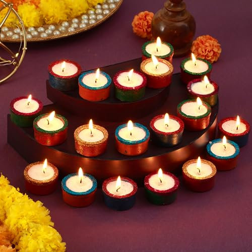 TIED RIBBONS Clay Diya with Wax Set of 20, Handmade Terracotta Diwali Diyas, Indian Pooja Puja Diya Lamp for Mandir, Temple, Indian Gift Items - Diwali Decorations for House