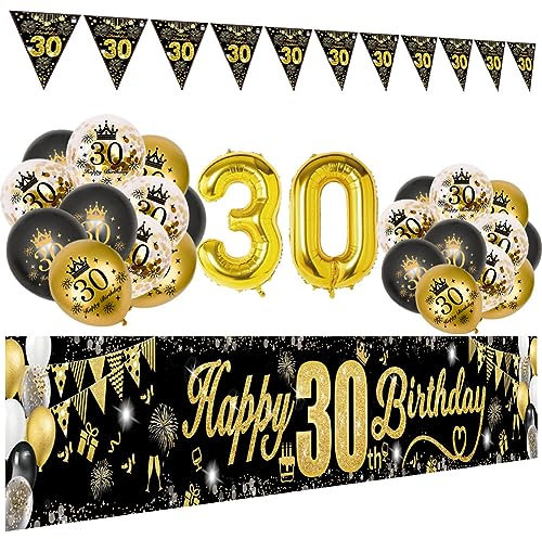 30 Geburtstag Dekoration Mann Frau, Schwarzes Gold 30. Geburtstags Deko, Happy 30th Birthday Banner, Zahl 30 Luftballons, Schwarzes Gold Konfetti Luftballons, Feuerwerk Dreieckiges Flaggenbanner
