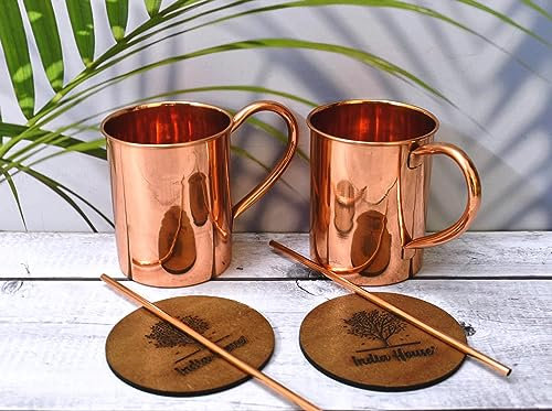 Moscow Mule Mug Set | Pure Copper Cocktail Glasses | Set of 4 with Smooth Finish, 4 Coasters and 4 Free Straws