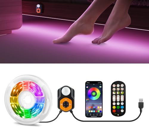 Auplf Tira LED con detector de movimiento, 3 m, RGB con control por aplicación y mando a distancia por radiofrecuencia de 2,4 G, luz LED para cama, luz nocturna con detector de movimiento, para cama