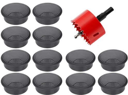 12 Stück Schreibtisch Kabeldurchführung, 60mm Kabeldurchlass mit 1 Lochsäge, Kabeldurchführung Tisch Rund, Kabelauslassdose für Tisch Büro Zuhause Arbeitszimmer Schwarz