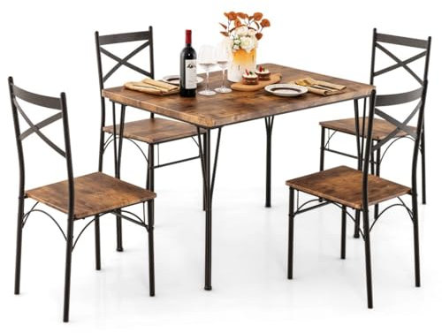TANGZON Dining Table and 4 Chairs Set, 5 Pieces Kitchen Table Set with High Back, Metal Legs & Anti-slip Foot Pads, Space-saving Dining Set for Dining Living Room Restaurant (Rustic Brown + Black)
