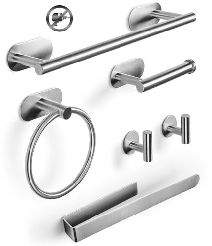 Virklyee Set Porta Asciugamano 6 Pezzi Portasciugamani Porta Carta Igienica Anello Asciugamano 2 Gancio Set da Bagno Autoadesivo in Acciaio Inox Porta Asciugamani Appeso a Parete Bagno (Argento)