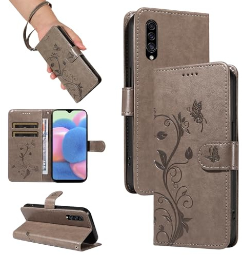 SRISHP Hülle für Samsung Galaxy A50 / A30S / A50S Handyhülle, Grau | Premium PU Leder, Handyhülle Mit Band, Magnet Flip Case, Kartenfächer, Ständer Klappbar Tasche, Standfunktion Schutzhülle