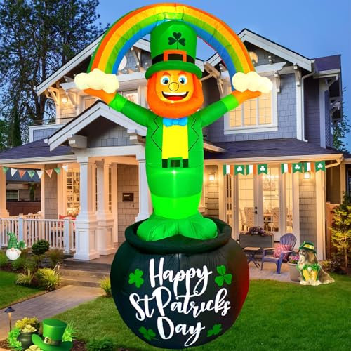 St. Patrick's Day Riesige aufblasbare Outdoor-Dekorationen, Kobold, stehend auf goldenem Topf, aufblasbar, Urlaubskleeblätter, Hof-Dekoration mit integrierten LED-Lichtern für den Innenbereich, Rasen,