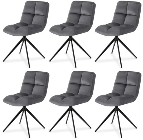 Juskys Drehstuhl Dallas 6er Set - Esszimmerstühle drehbar, Stoff Bezug - Stuhl bis 120 kg belastbar - Stühle Esszimmer, Esszimmerstuhl Samt Dunkelgrau