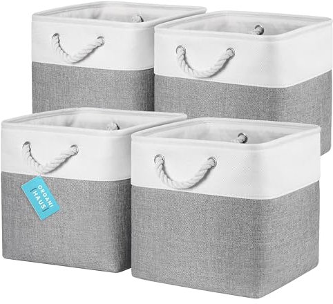 OrganiHaus 30x30 Cube Storage Bins Set of 4, Fabric Cube Baskets for Storage Shelves, Foldable Storage Cubes for Kallax Organizer Cube Bins w Rope Handles, Cubby Bins for Nursery Decor, Grey/White