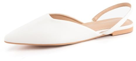 DREAMCIA Slingback White Flats for Women, Pointed-Toe Ballet Flats with Buckle Strap for Elegant Women,Classic Low Heel Dress Shoes for Casual Work Office Party(Size 7.5)