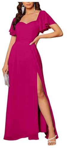 WSEYU Vestido de dama de honor de manga corta con hendidura de gasa largo vestido de fiesta de una línea de vestido de invitada, fucsia, 38