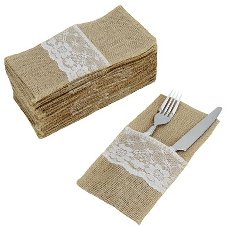 QWORK® 40 Stück Jute Bestecktaschen , Bestecktasche mit Spitze , Tischdeko für Geburtstag Party , Hochzeiten, Familienfeiern