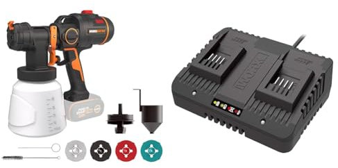 WORX Nitro - Pistolet à Peinture sans Fil Brushless 20V - WX020.9 & Chargeur Double 20 V Li-ION 2.0 A à 5Ah- WA3772