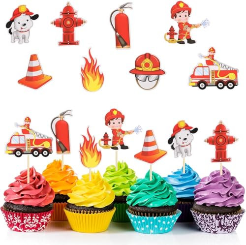 GUOYOU 24-teilige Feuerwehr-Tortendeko: Cupcake Deko, Muffin Deko, Kuchendeko für Kindergeburtstage & Partys in Rot & Gelb