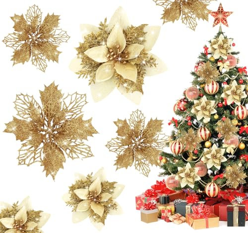 Agoer 24 Pezzi Fiori per Albero di Natale, 15cm Fiori Natalizi per Decorazioni, Fiori Artificiali Natalizie Glitter con Clip, Addobbi Fiori Dorati Decorazione per Matrimoni Feste Natale(Oro)