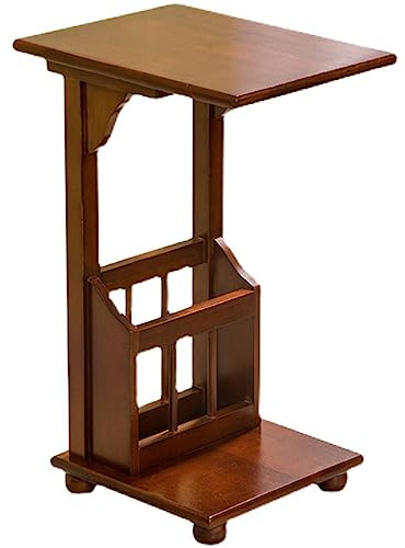 End Tables Solid Wood Snack Side Table, C-Shape End Table Bedside Table TV Tray with Storage Shelf and Magazine Basket for Sofa Couch Living Room Bedroom Console Sofa Tables