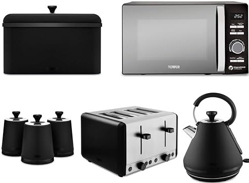 Tower Sera 1.7L 3KW Pyramid Kettle, 4 Slice Toaster, Breadbin & Canisters in Black with Smoked Trim plus 800W 20L Renaissance Microwave T24039BLK. Contemporary Matching Tower Kitchen Set of 7 in Black