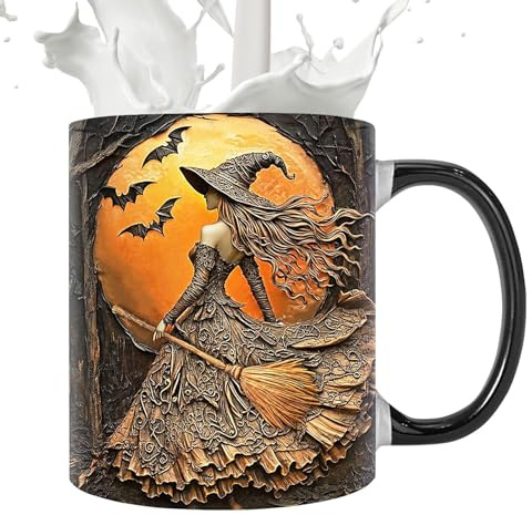 Taza de café – Taza de viaje | Taza de Halloween | Taza de café de bruja de 350 ml con tapa, tazas de espresso espeluznantes y festivas con diseño de bruja, tazas de cerámica para Halloween para beber