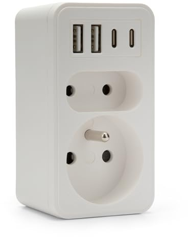 Multiprise Frontale Biplite avec 2 Prises 16A + 6A Norme Française, 2 USB-A et 2 USB-C - 6 en 1 pour Téléphone, Tablette