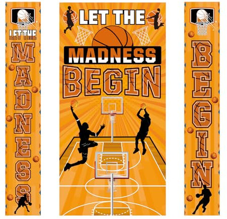 Basketball Party Decorations 3Pcs Let The Madness Begin Door Banner Basketball Porch Sign for Indoor Outdoor Madness Basketball Party Supplies