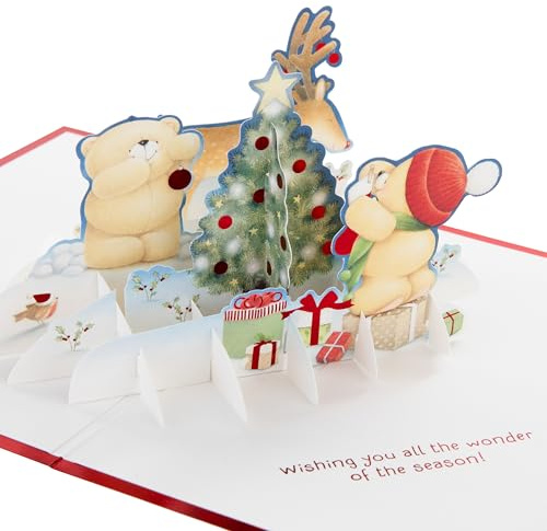 Hallmark Christmas Card, Forever Friends Bears, 3D Pop Up, Red Foil, White | Card H17.3cm X W11.9cm, 3D Pop-out, Recyclable, White Envelope, Red Foil Details