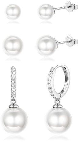 Diamday 3 Pairs 925 Sterling Silver Pearl Earrings for Women Gold Silver Pearls Stud Drop Earring Set Hypoallergenic Cartilage Stud Earring Hoop Pearl Drop Earrings for Women Jewelry Gifts Silver C