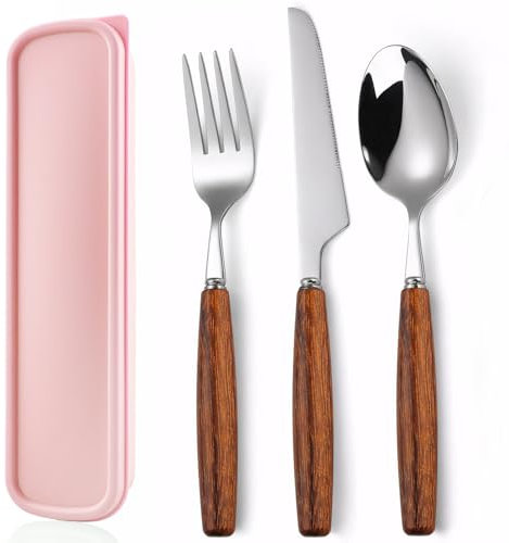 Couvert Camping Couteau Fourchette Cuillere, Couverts Voyage avec Coffre Rangement, vaisselle portative en Acier inoxydable Couverts avec Manche en Bois Vaisselle pour les Pique-niques (Rose)