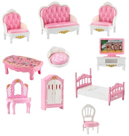 11 Piece Wooden Doll House Furniture Set - Pretend Play Toys for Dollhouse Bedroom and Living Room Accessories