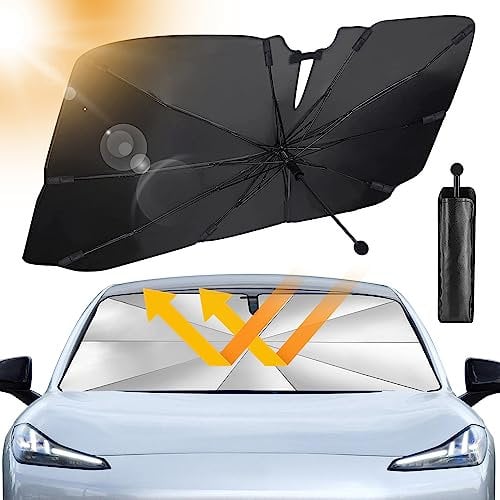 JelKen Auto Sonnenschutz Frontscheibe, 2025 Upgrade - 360° drehbarer Griff | Carbonfaser-Skelett | Effektiver UV-Schutz & Wärmeisolierung | Universal für die meisten Fahrzeuge, 145x83 cm