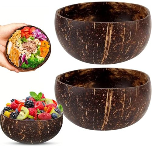 trabag 2 Stück Kokosnuss Schalen - Vegan Plastikfreie Alternative, Kokosschalen Schüssel, Handgefertigt mit Kokosöl Poliert Coconut Bowls (13-15cm)
