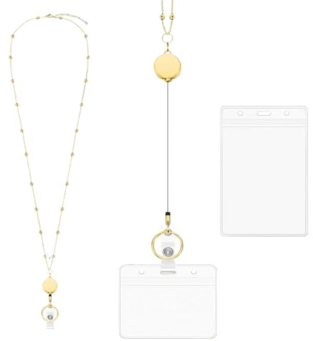 Goiern Lanyards für ID-Badges, Edelstahl-Badge-Lanyards mit 2 Stück wasserdichten ID-Badge-Halter, retractable ID-Badge-Lanyards, Lehrer-Lanyard (Gold)