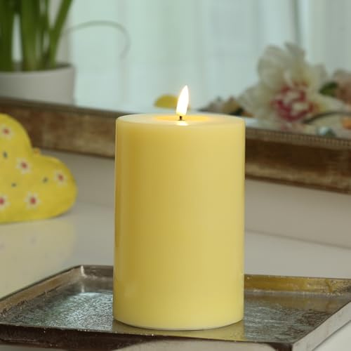 MARELIDA LED Kerze Echtwachs Deluxe Homeart Stumpenkerze mit realistischer 3D Flamme mit Wachsspiegel gelb Indoor (D: 10cm - H: 15cm)