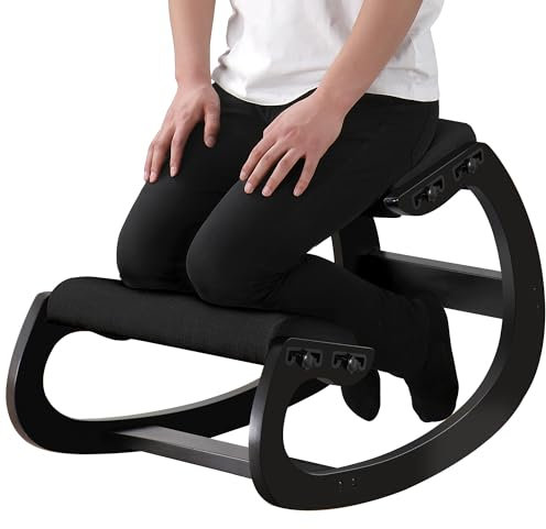 MallVitally Adjustable Kniestuhl, Ergonomischer Schaukelstuhl aus Holz - Verbessern Sie Ihre Körperhaltung mit einem angewinkelten Sitz für Zuhause, Büro (Black+Pads)