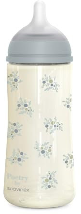 Suavinex, Biberon 360 ml, avec Tétine Symétrique SX Pro en Silicone, Valve Anticolique, Débit Dense (L), pour Liquides Consistance Dense, Convient Bouillies Liquides. Bébés +6 Mois. Poetry, Bleu