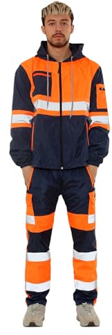 AR Paris Fashions® Hi Vis Waterproof Rainy Tracksuit, Mens High Visibility Reflective Tape Safety Workwear Rain, Construction, Road Work Hood Jacket & Pants Set (Orange, L)