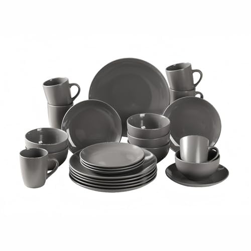 simpa 24PC Grey Glazed Ceramic Stoneware Dinner Set. 6 Dinner Plates, 6 Side Plates, 6 Bowls & 6 Mugs. Dishwasher & Microwave Safe.