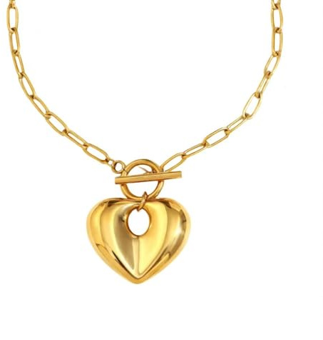 Bottega della Principessa Damen Halskette Herz Edelstahl 316L - Goldkette Statement mit Verschluss vorne T-bar Schmuck Bold elegant