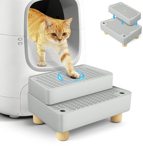 Bartuke Rampe de litière pour chat extra large à 2 marches avec pieds en bois, fonction de filtration, tabouret à pédale pour chat pour litière autonettoyante, convient aux chatons et chats âgés (gris