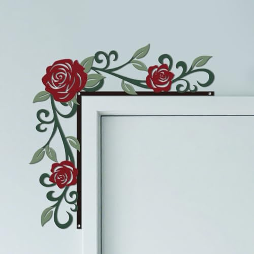 CUTHOLLOW Rose Vine Metal Door Frame Decoration | 9.8x9.8 Adorable Double-Sided Floral Theme Door Topper Window Corner Wall Art Decor for Home Bathroom Bedroom Office, Red
