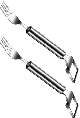 Juego de 2 cortadores y tenedores profesionales de sandía de acero inoxidable, herramienta de corte de frutas de doble cabeza para cocina, herramienta de frutas de acero inoxidable